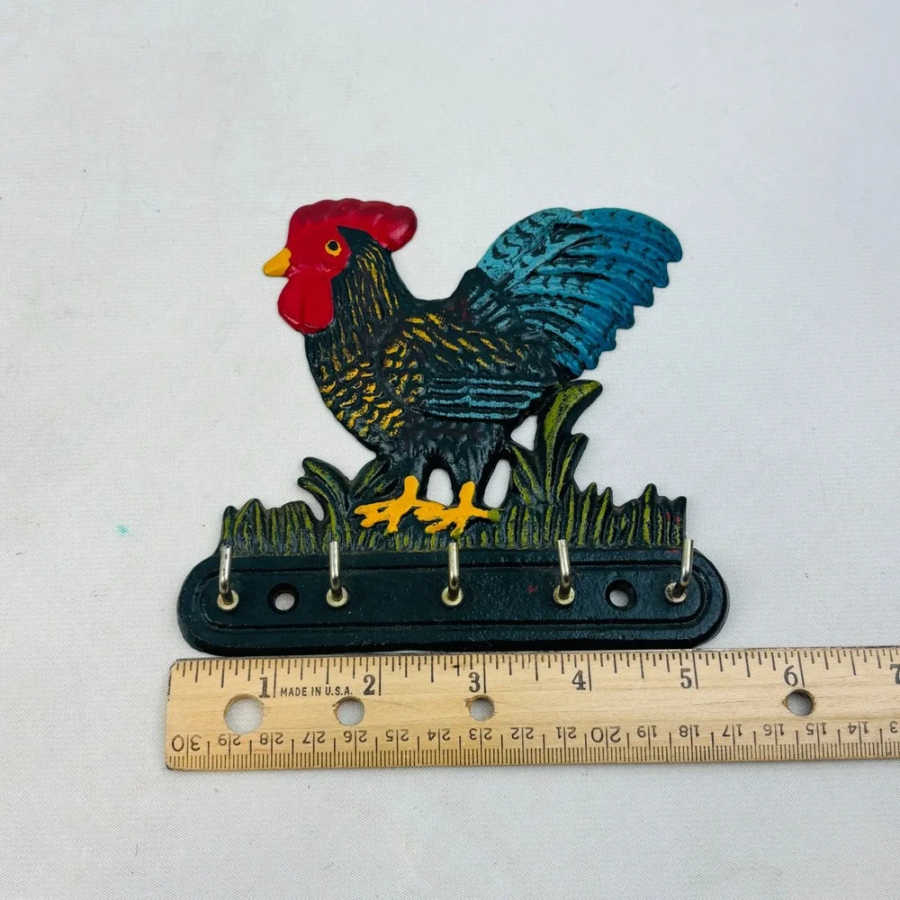 Vintage Cast Iron Rooster Chicken Key Rack Wall Mount 5 Hook Farmhouse Country